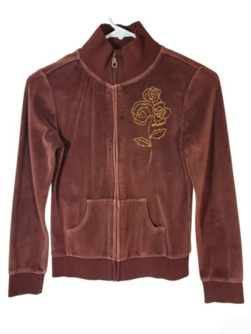 2413 * Sideout Embroidered Rose Velour Zip Jacket Brown Size M (10/12) Y2K